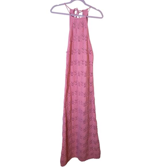 MANGO NWT Open Crochet Knit Halter Neck Pink Maxi Dress Size 8 - Picture 5 of 10